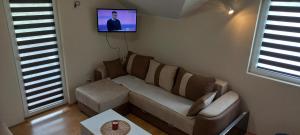 a living room with a couch and a tv on the wall at Studio Isidora in Vrnjačka Banja