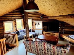 a living room with a couch and a tv at Akureyri Log Cabin in Akureyri