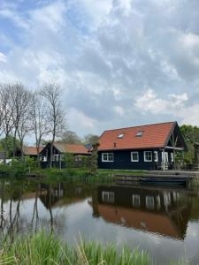 een huis met een rood dak naast een waterlichaam bij Vakantiehuisjes Marsherne in Poppingawier