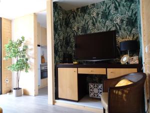 a living room with a television and a wall with green wallpaper at MOM - Mateus On Modular in Vila Real