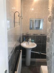 a bathroom with a sink and a mirror and a shower at Double Room Central Location in London