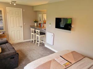 sala de estar con sofá y TV en la pared en Bunny Lodge - Garden view & free parking en Plumtree