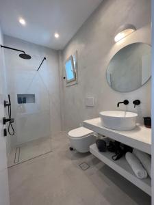 a bathroom with a sink and a toilet and a shower at Myrto Bungalows in Artemonas