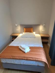 普沃茨克的住宿－Pokoje De Luxe Figaro，一间卧室配有一张床,上面有两条毛巾