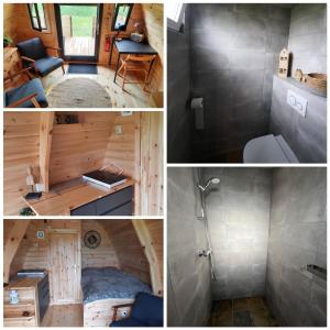 een collage van vier foto's van een tiny house bij Vakantiehuisjes Marsherne in Poppingawier