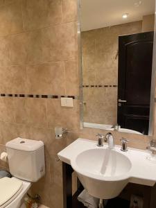 een badkamer met een wastafel, een toilet en een spiegel bij Aparts Calafate Suites in El Calafate