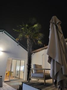 a chair and a umbrella and a palm tree at Appartement sur Terrasse in Capbreton