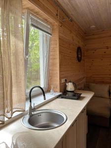 eine Küchenspüle in einem Blockhaus mit einem Fenster in der Unterkunft Котедж бiля рiчки село Кудашiвка in Kudashevka