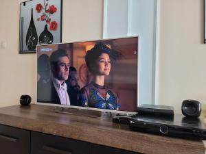 uma televisão de ecrã plano em cima de uma mesa em Guest House Anna em Montana
