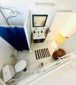 ein Badezimmer mit einem WC, einem Waschbecken und einem Spiegel in der Unterkunft The Blue Sea View Sidi Bou Said in Sidi Bou Saïd