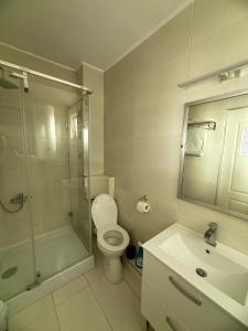 a bathroom with a shower and a toilet and a sink at Casa Day&Amy in Eforie Sud