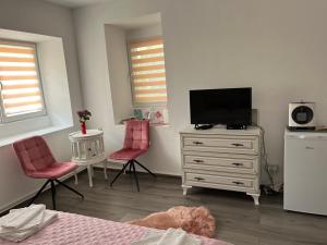 a bedroom with a television and two pink chairs at Rossalyn Studio in Bistriţa