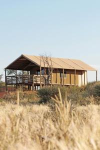 una casa con techo en medio de un campo en Suricate Tented Kalahari Lodge, en Hoachanas