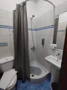 a bathroom with a toilet and a shower and a sink at Piraeus Acropole Hotel in Piraeus
