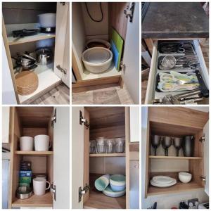 a collage of photos of an open kitchen cabinet at Holiday home in Dymchurch - New Beach Holiday Park in Dymchurch