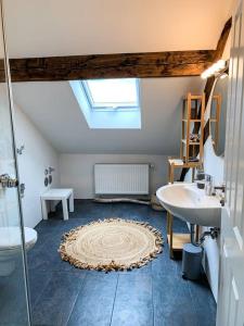 ein Badezimmer mit einem Waschbecken, einem WC und einem Waschbecken in der Unterkunft Ferienwohnungen Alte Destillerie in Neuwied