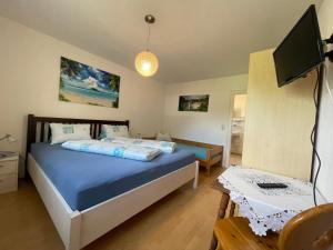 - une chambre avec un lit bleu et une télévision dans l'établissement Ferienwohnung Maxi, à Maishofen