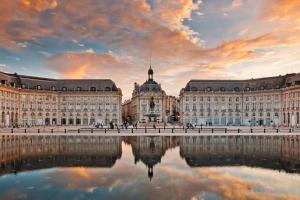 een groot gebouw met een reflectie in een waterlichaam bij CHARMANT T2 HYPER-CENTRE BORDEAUX in Bordeaux