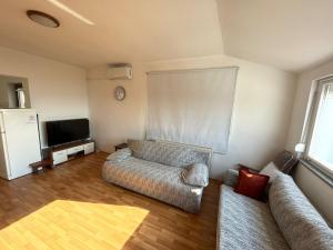 ein Wohnzimmer mit einem Sofa und einem Flachbild-TV in der Unterkunft Holiday House Sunset in Ljubač