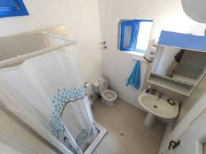 a small bathroom with a toilet and a sink at Amorgos Azur apartment in Tholária