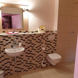 a bathroom with a sink and a toilet and a mirror at Gästehaus Catherine in Zierenberg