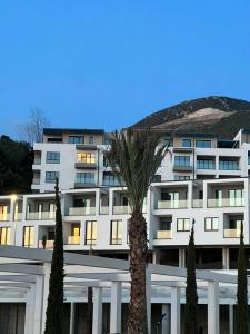 een wit gebouw met een palmboom ervoor bij Sunset Resort in Vlorë