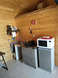 a kitchen with a microwave on top of a counter at Petite maison agréable, idéal pour un couple. in Montfleur