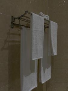 grupa ręczników wiszących na wieszaku na ręczniki w łazience w obiekcie Думан Холл Отель w mieście Taraz