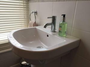 a bathroom sink with a bottle of soap on it at 2 Bedroom Boutique Maisonette on Kings Road, St Leonards on Sea in St. Leonards