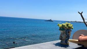 a vase filled with flowers sitting on a ledge next to the water at SEA VIEW Apartment in Giardini Naxos