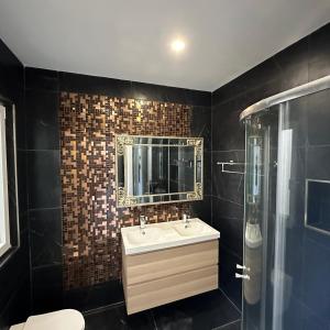 a bathroom with a sink and a mirror and a shower at ONE100 apartments in Marsaxlokk