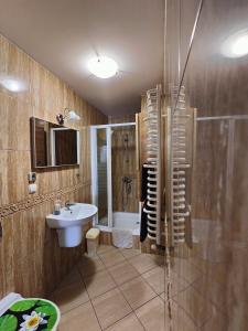 W łazience znajduje się toaleta, umywalka i prysznic. w obiekcie Pokoje gościnne u Izy w mieście Tolkmicko