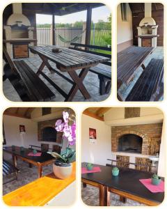 4 fotos de una mesa de picnic y una chimenea en Apartmani Apolon, en Vrdnik