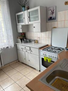 切霍奇內克的住宿－Przytulnie i cicho w Ciechocinku，厨房配有白色橱柜和炉灶烤箱。