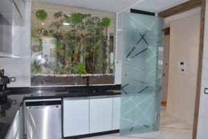 una cocina con fregadero y una ventana con plantas en Appartement FES Hayat Luxury, en Fez