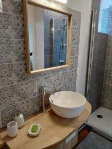 y baño con lavabo, espejo y ducha. en Authentique studio au cœur de Bayeux, en Bayeux