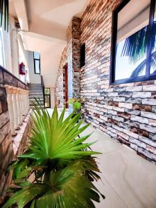 a room with a brick wall and plants at Hotel Pasquina Baga in Baga