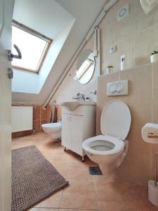 a bathroom with a toilet and a sink and a window at Apartman NS Dan FREE PARKING in Novi Sad