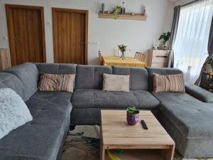 Sala de estar con sofá gris y mesa de centro en FLOWER HOUSE, en Hvolsvöllur