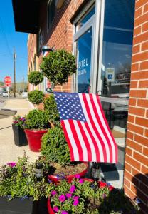 an american flag is sitting in a display of plants at EC Reed's Mercantile and Hotel in Marble Hill