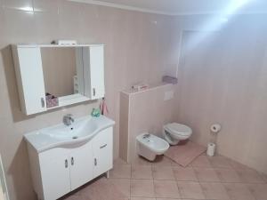 La salle de bains blanche est pourvue d'un lavabo et de toilettes. dans l'établissement Apartma Sandi, à Šentilj