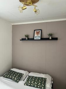 een slaapkamer met een bed en een plafondventilator bij Chalet Linée in bosrijke omgeving Anloo in Anloo