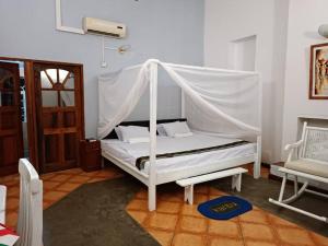 a bedroom with a white bed with a canopy at Captains Villa - where Lake Malawi and Shire River meet, historical hotel at waterfront next to the Lake Museum in Mangochi Town in Mponda