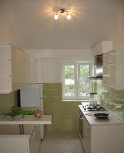 a kitchen with a sink and a stove top oven at Apartments Car in Šilo