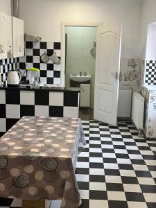 a kitchen with a black and white checkered floor at Private House in Berehove