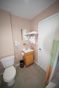 a small bathroom with a toilet and a sink at Flushing Garden Hotel in Queens