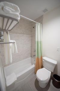 a bathroom with a toilet and a tub and a sink at Flushing Garden Hotel in Queens