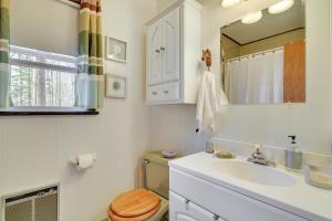Un baño con inodoro, lavabo y espejo. en Cozy Pocono Lake Cottage with Fire Pit and Ping Pong!, en Pocono Lake 16 fotos más