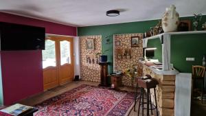 uma sala de estar com paredes verdes e roxas em Rezydencja Nad Potoczkiem em Wisła