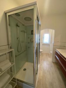 a bathroom with a shower with a glass door at Cinque terre Portovenere in La Spezia